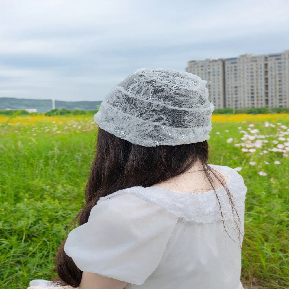 Sweet Lace Sweet Flowers Rural Style Hat Hollowed Out Breathable Toe Cap Sun Shading Thin Design Baotou Hat Women