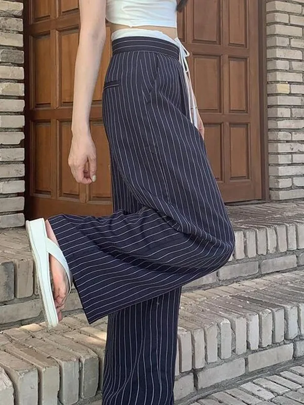 Faionable Casual Hosen frauen 2025, Sommer Neue Anti-Aging Patchwork Streifen Breite Bein West Hosen Sli Ele Bequem