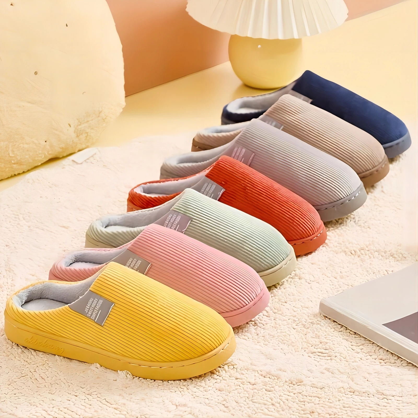 Men's Shoes Casual Warm Plush Lining Slip On Striped Cotton Platform Slides Unisex Comfortable Anti-skid indoor Couples Slippers