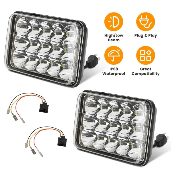 

4x6in Car LED Headlights Vehicle Rectangular Headlamp with H4 Socket H4-to-3Pins Adapter with High