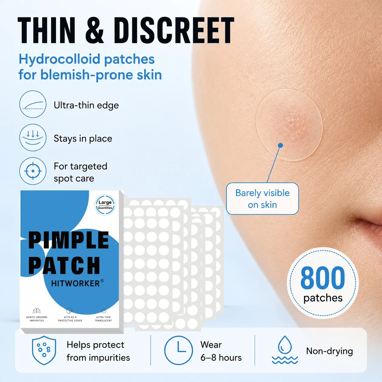 800Pcs Hydrocolloid Acne Pimple Patches, Invisible Blemish Spot Cover Stickers, Oil Absorbing Facial Skin Care Zit Patches view 5