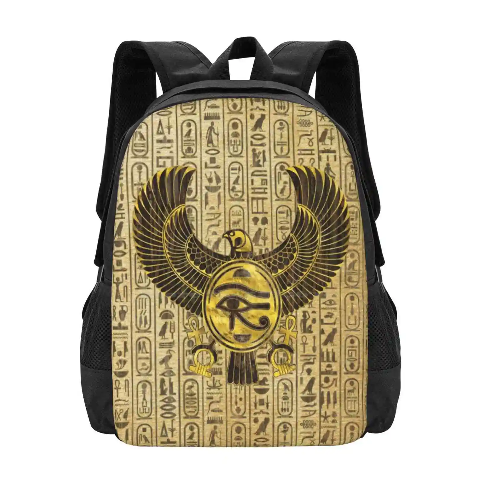 Mochila con diseño de Ojo de Horus egipcio para estudiantes universitarios, morral con diseño de Ojo de Horus, Wadjet de oro y madera para adolescentes, Uadjet