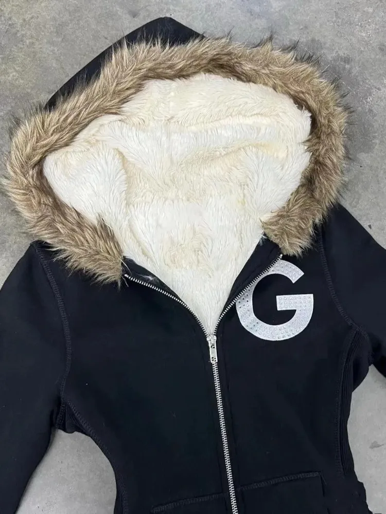 Vintage Harajuku Letter Embroidery Zipper Sweatshirt Hooded Slim Autumn Winter Fleece Jacket Y2k Women's Coat Streetwear Warm