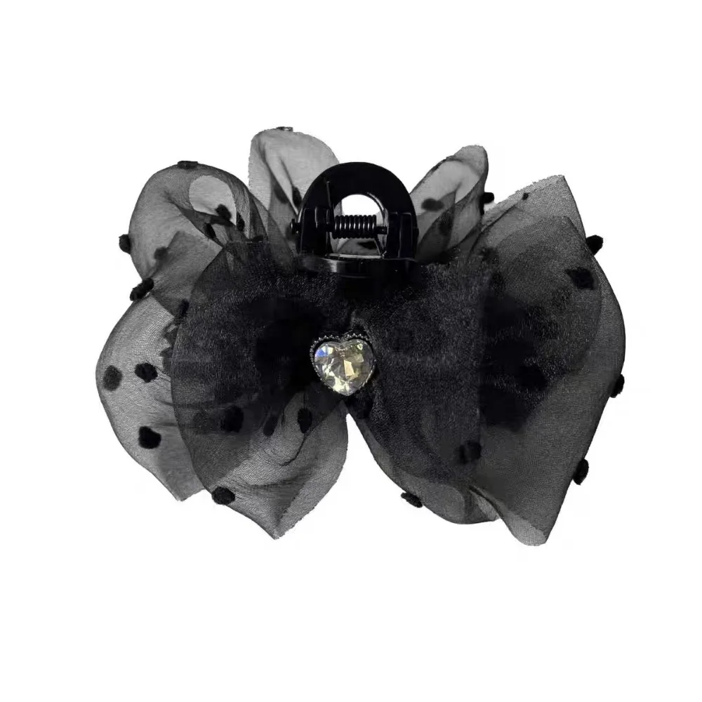 

Black Chiffon organza Hair Claw Clip Korean Elegant Heart Rhinestone Shark Clip Hair Clamp Hairpin Hair Accessory