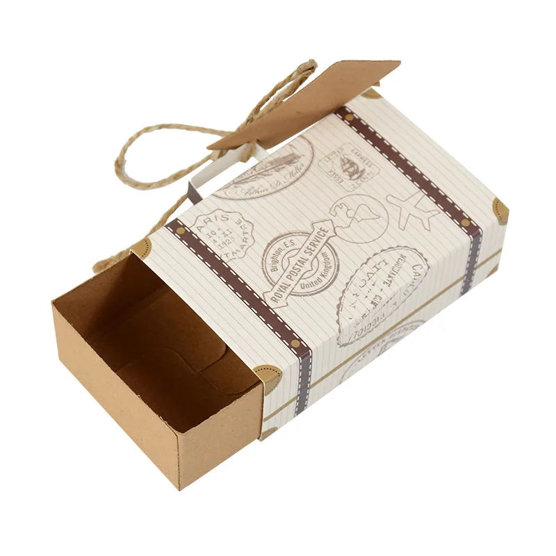 10p Mini Suitcase Candy Boxes with Rope Travel Theme Stamp Decor Kraft Paper Drawable Box Wedding Birthday Gift Packaging Supply