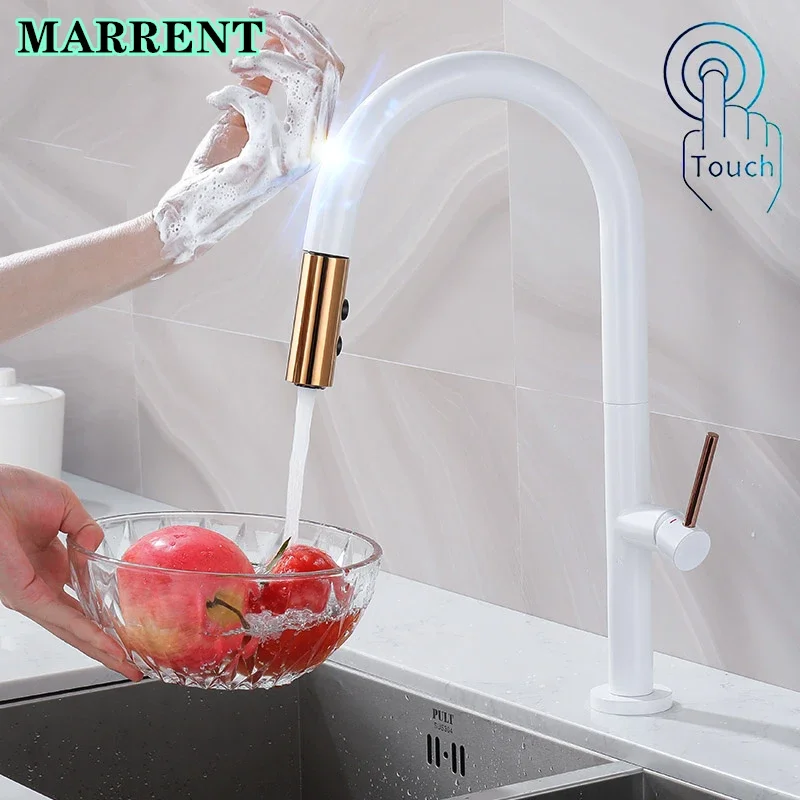

Fashion Touch Kitchen Faucet Marrent Hot Cold Pull Out Kitchen Mixer Tap Quality Brass White Gold Sensitive Touch Kitchen Faucet