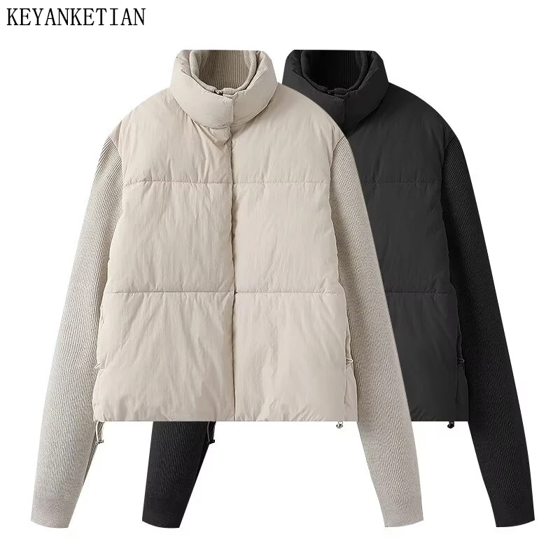

KEYANKETIAN Winter New High Collar Front Zipper Bottom Drawstring Knitted Long Sleeve Spliced Cotton Jacket Women Short Coat