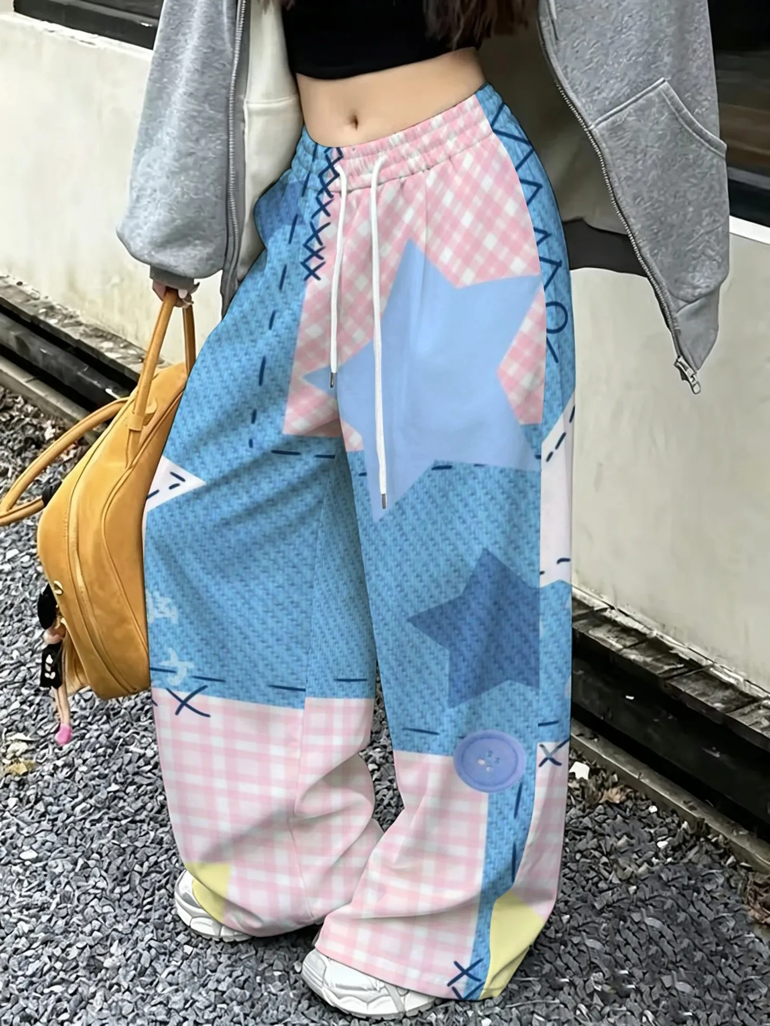 Macaron Color Blocked Grid Pentagram 3D Printed Wide Leg Pants for Girls' Street Casual Breathable Speed Drying Sports Pants