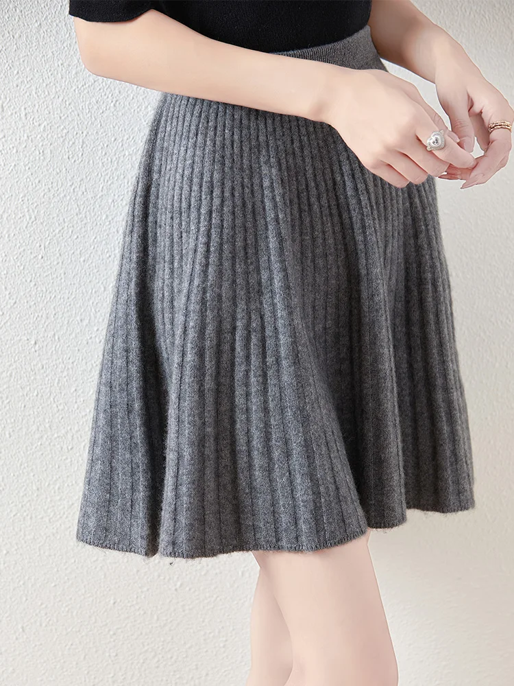 Women's Wave Short Skirt 100% Merino Wool Mini Skirts Autumn Winter Sweater Umbrella Skirt High Waist Stretch Sweet Knit Dresses