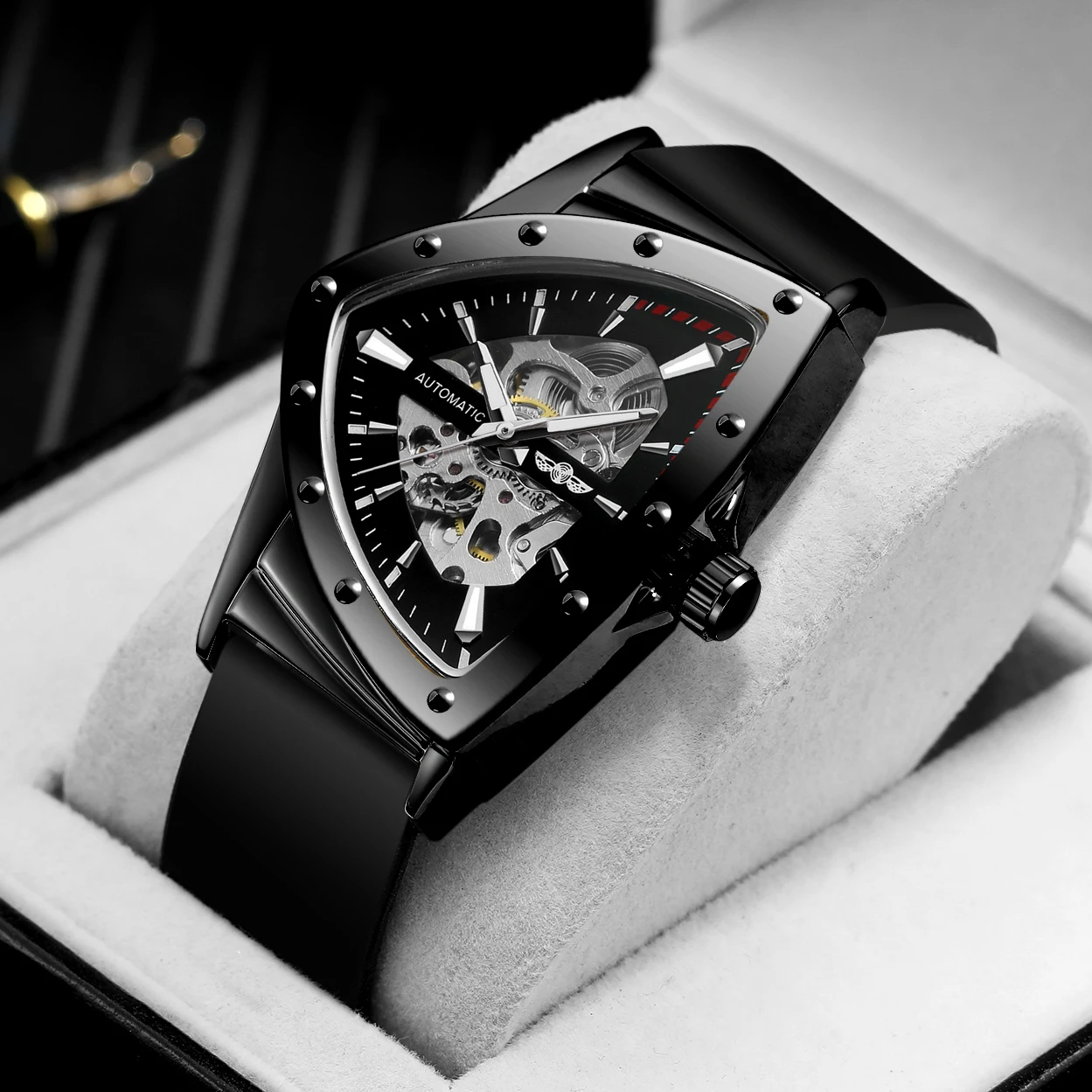 WINNER Luxury High-end Triangle Steel Skeleton Automatic Mens Watch Sports Waterproof Silicone Strap Luminous Mechanical Watches