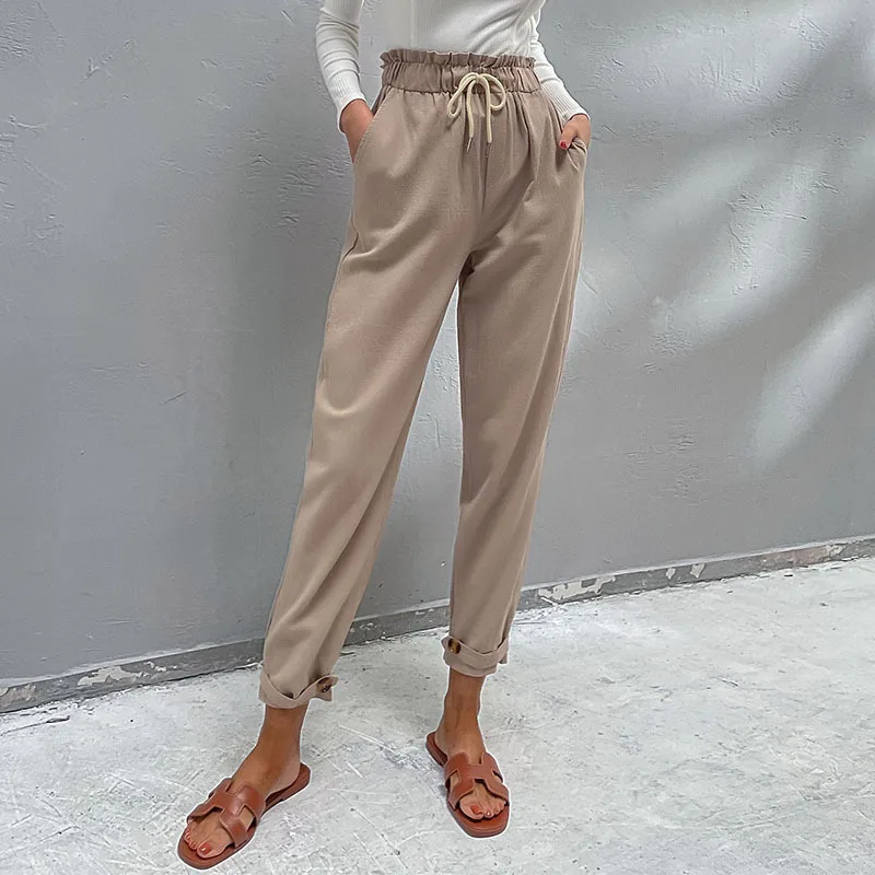 

Cotton Linen Pants For Women 2022 Autumn New Elastic Waist Drawstring Solid Colour Casual Harem Pencil Trousers Full Length