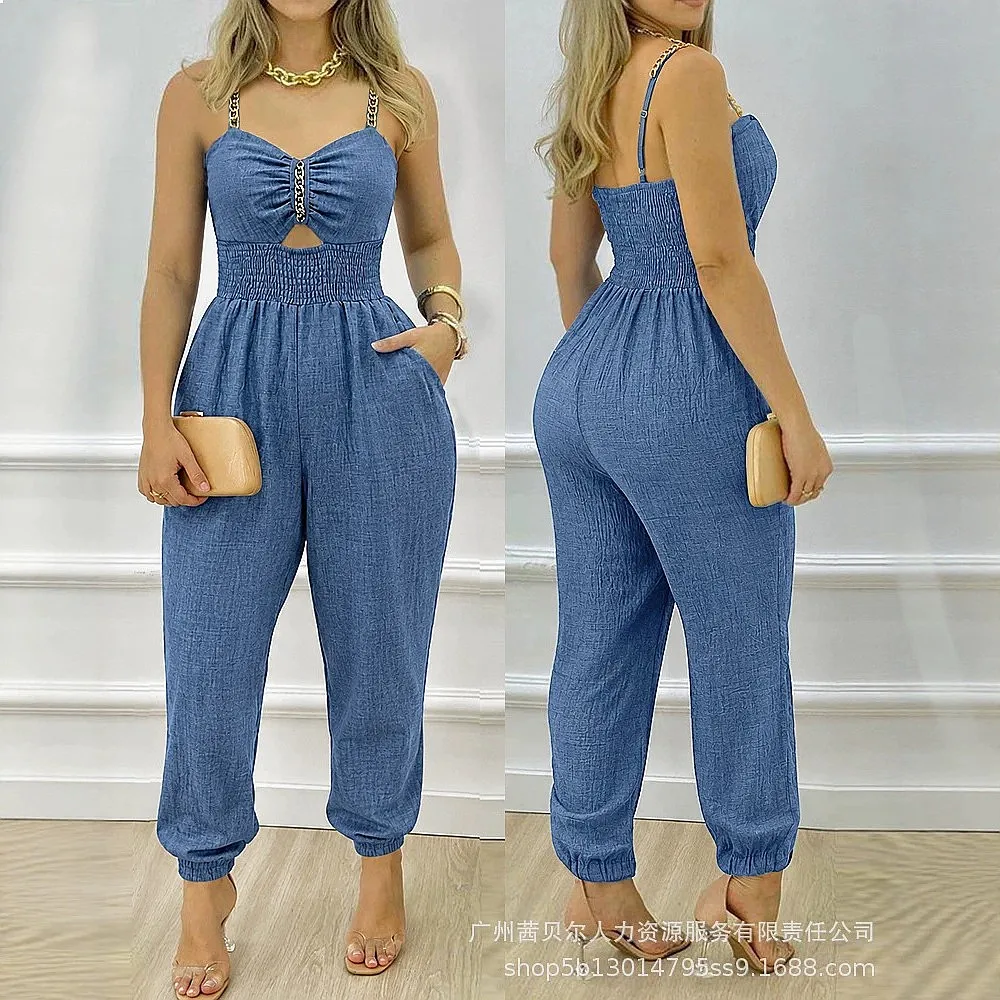 Chains Strap Smocked Overall Jumpsuit Playsuit Spring Summer Women Matching Set