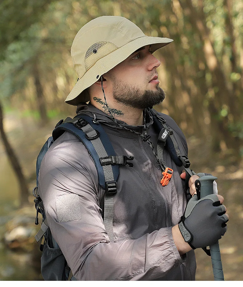 Cappello A Secchiello Uomo Legero Traspirante - Tesa Oversize Per Pesca Ed Estate - Taglia 60-65 Cm - Colore Kaki