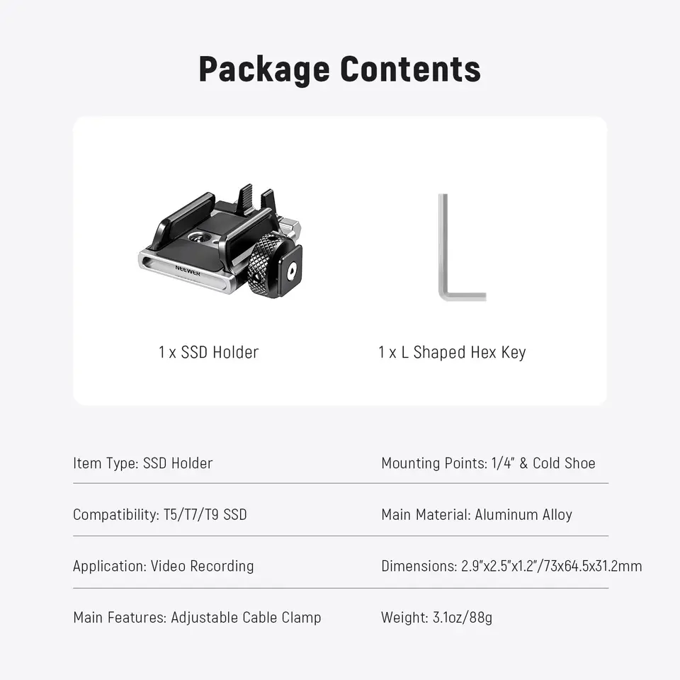 SMALLRIG SSD Houder 2-in-1 SSD Mount Bracket voor MagSafe met Cold Shoe Kabelklem, Compatibel met 0.3-0.6in Dikke SSD's voor Samsung T7 T9 SSD, voor SanDisk SSD, Compatibel met SMALLRIG Cage - 4779