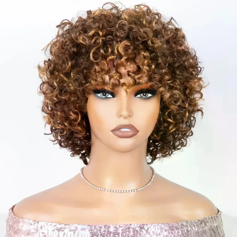 Highlight Short Human Hair Wigs 100% Remy Brazilian Curly Human Hair Wig 8 Inch Water Wave Wig 427Ombre Brown Wigs For Black Women
