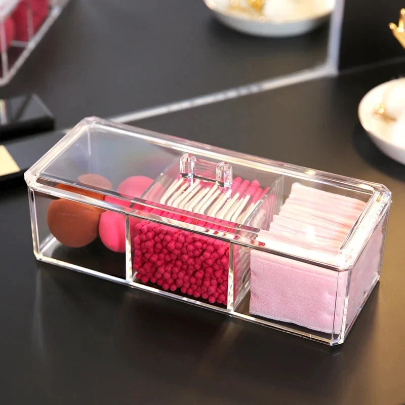 Caja de almacenamiento de cosméticos transparente, organizador de maquillaje, hisopo de algodón de tres colores, caja de almacenamiento de almohadillas de algodón, Material acrílico de escritorio