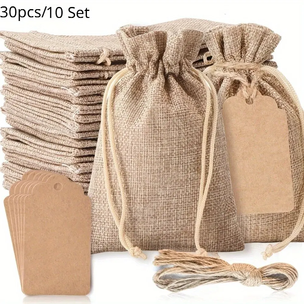 30pcs/10Set, Premium Burlap Gift Bags With Drawstring And Gift Tags String, 4x6 Inch Reusable Gift Bags, Burlap Bags, Linen Sac