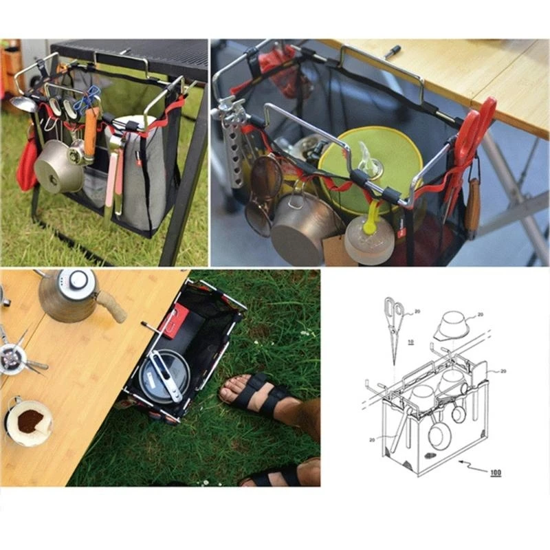 Q39E Portable Folding Table Storage Net Shelf Bag Detachable Waste Bag Rack