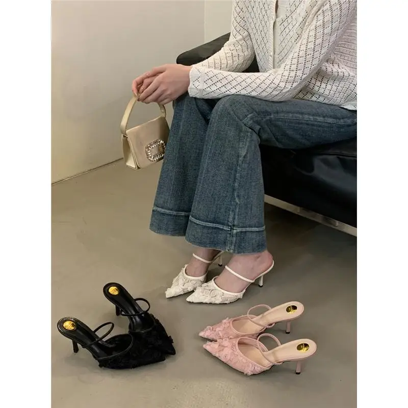 

Elegant Mesh Breathable Head Cover Half Slippers Women's Shoes Gentle High Heels Spring Fairy Style Soft Touch Slip-On Sandals