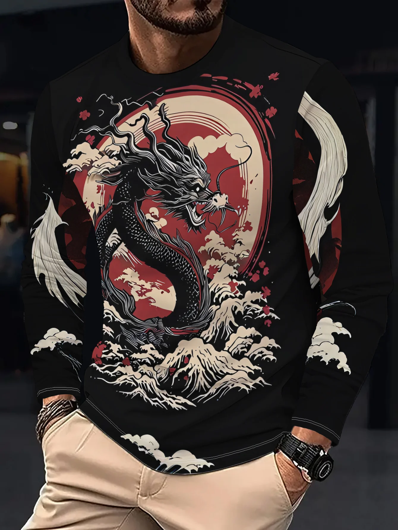 Classic Dragon Mythical Creature Mountain Cloud Graphic Print Unisex Long Sleeve Tee for Streetwear Sport Daily Casual Outfit