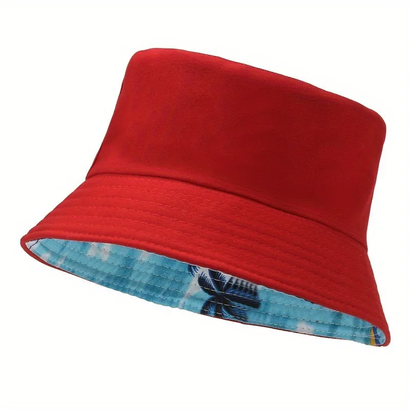 Customized Printed Logo Solid Color And Coconut Tree Double-Sided Fisherman Cap Men's And Women's Fashion Flat Top Sunscreen Hat view 3