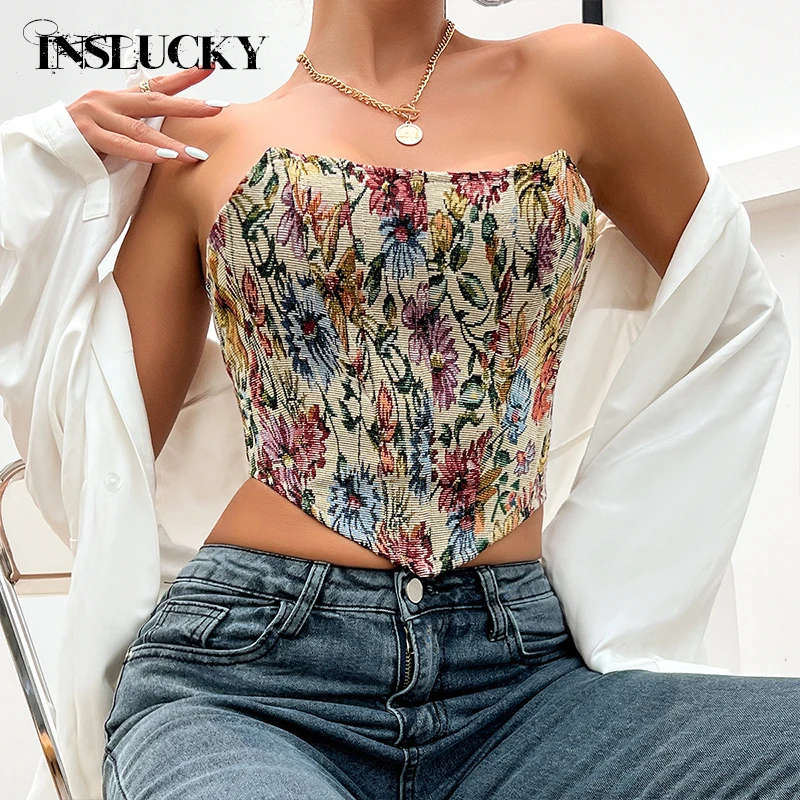 

InsLucky Vintage Flower Bandage Tube Cropped Top Women Irregular Hem Vest Fashion Sexy Strapless Tank Female Y2K Streetwear 2024