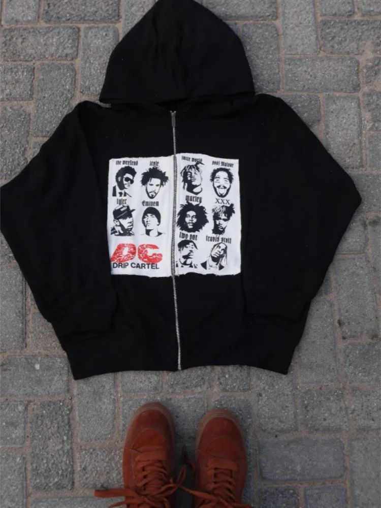 Neue Ankunft Menschlicher Kopf Applikation Stickerei Lose Zip Hoodie Unisex Langarm Sweatshirt Casual Streetwear