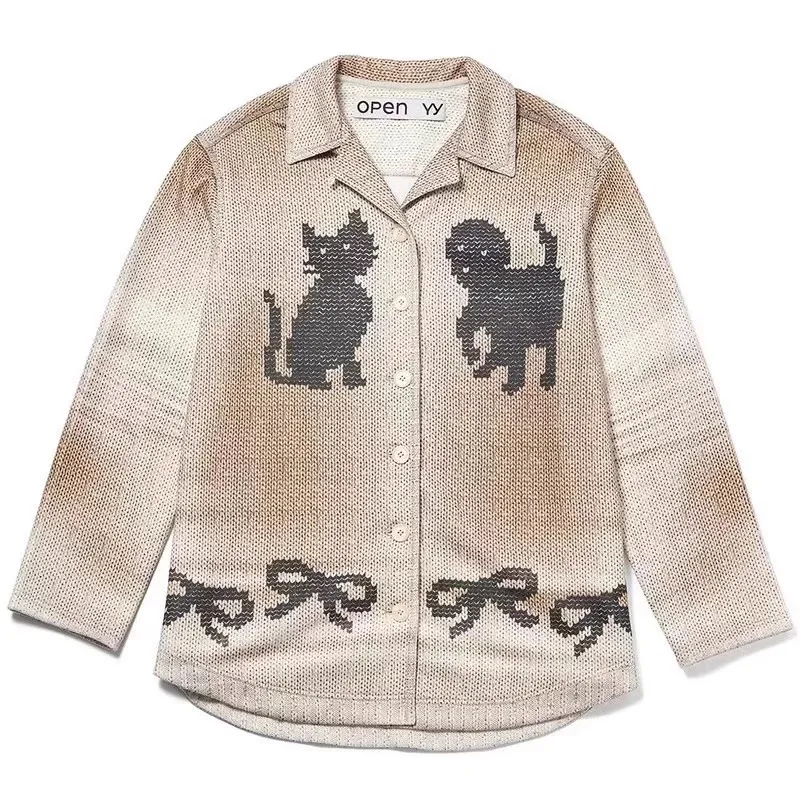 OPEN YY Casual Pants 2025 Fashion Cat Cat Dog Bowknot Pattern Button Lapel Set Loose Casual Cardigan Jacket