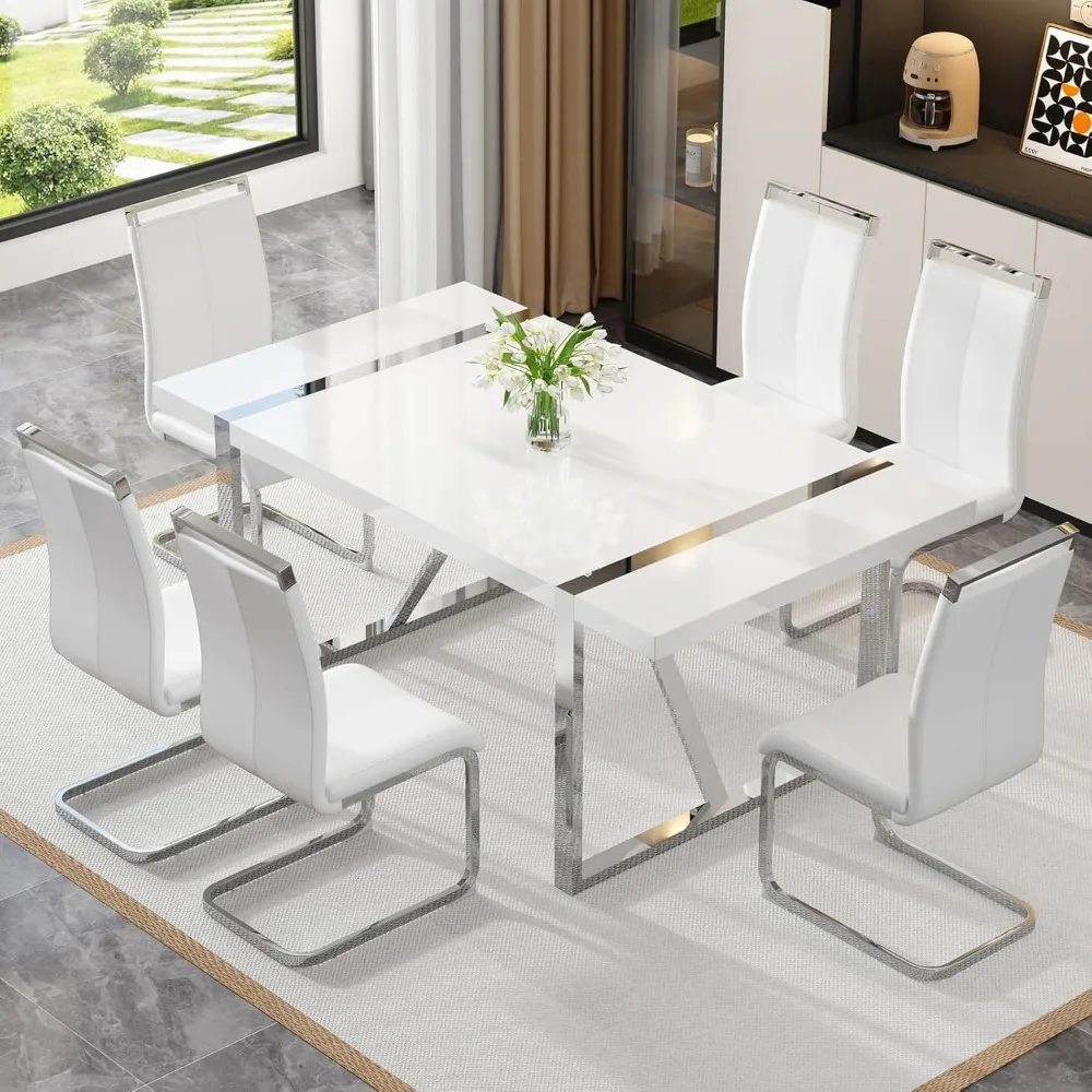 Dining Table Set for 6, Rectangular MDF Kitchen Table and Leather Dining Chairs 6 Piece, Dining Room Set