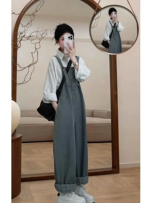 

Large Size 300 Pou Korean College Sle Set ex Early Autumn INS Stripe irt Denim Overalls Two Piece Set Casual Sport...