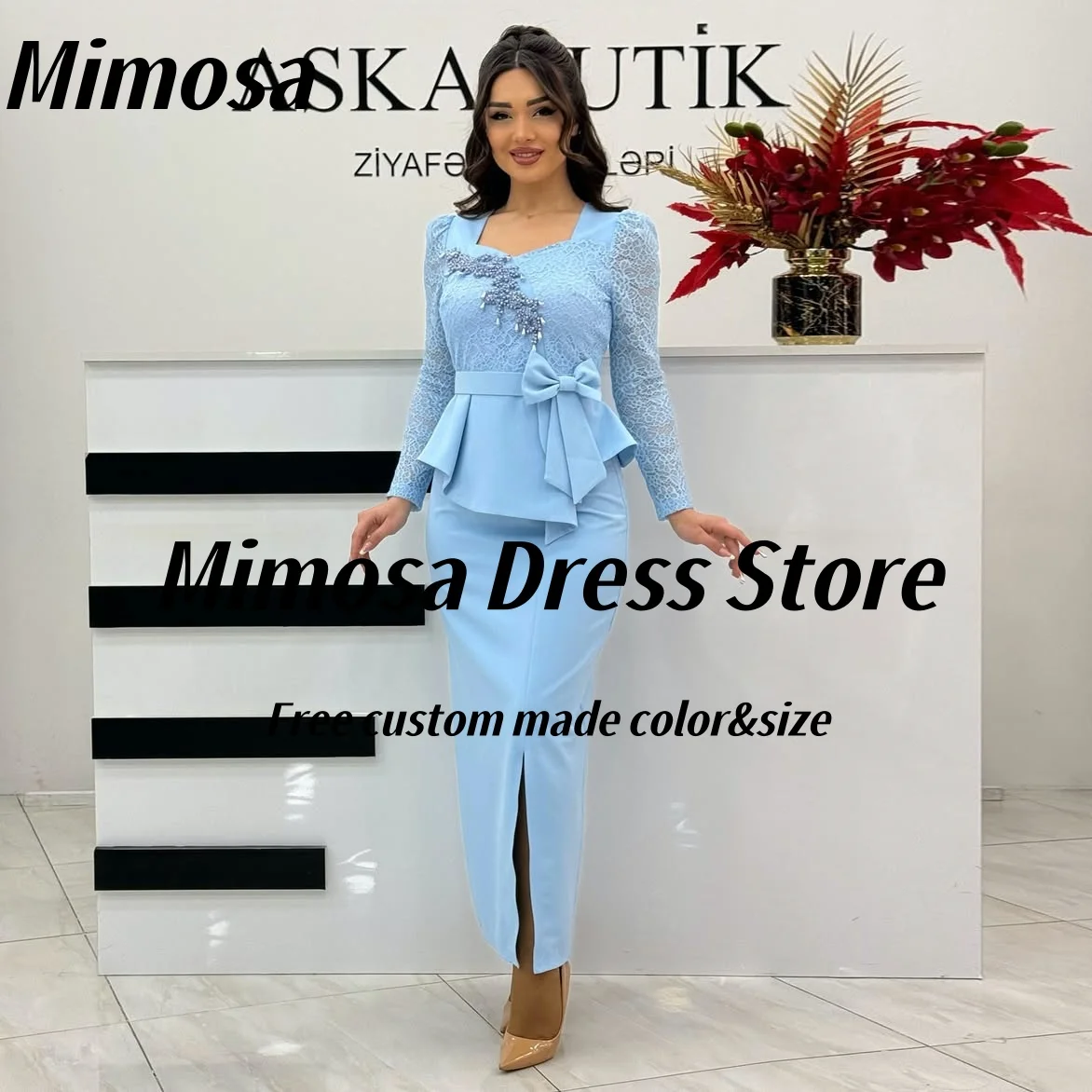 

Mimosa платья для выпускного вечера с боковым разрезом и бантом из бисера, свадебное платье для гостей, кружевное платье с длинными рукавами, вечерние платья для дня рождения по индивидуальному заказу