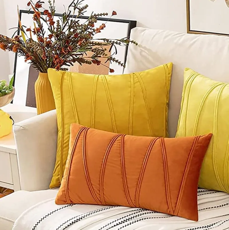 Orange Velvet Pillow Cover 30x50cm 45x45cm 50x50cm Lumbar Pillowcase Pleated Cozy Soft Cushion Cover Farmhouse Home Décor Cojine