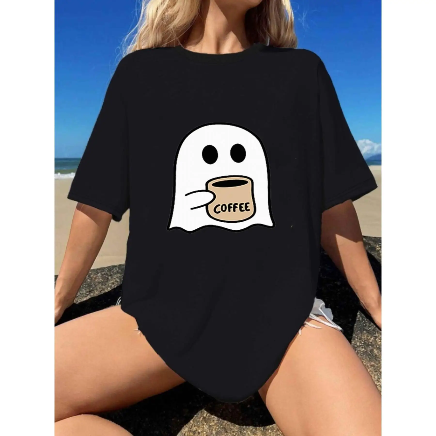 

Women's Funny Halloween T-Shirt - Drinking Coffee Graphic Cotton Tee | Soft Breathable Regular Fit Short Sleeve Crew Neck Top Fo