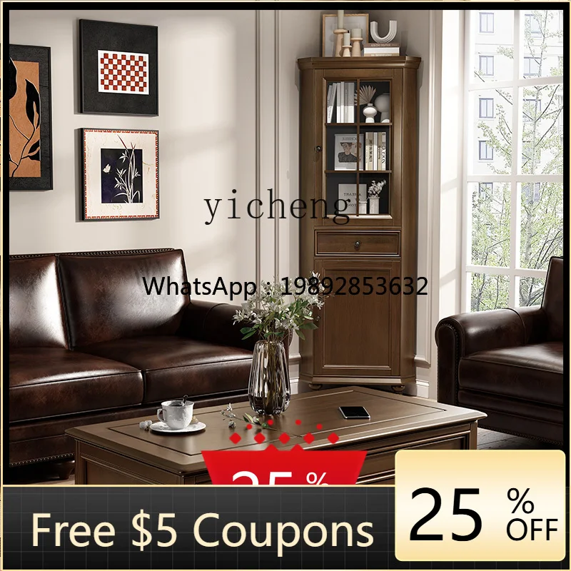 American Country Style Solid Wood Corner Cabinet Living Room Storage Pure Solid Wood Black Walnut Color Furniture