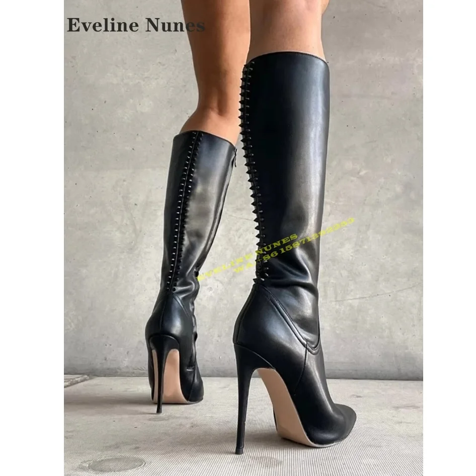 

Rivet Pointed Toe Stiletto Fashion Boots Black Side Zip Splicing Sexy Street Style Knee High Boots Plus Size Spicy Girl Newest