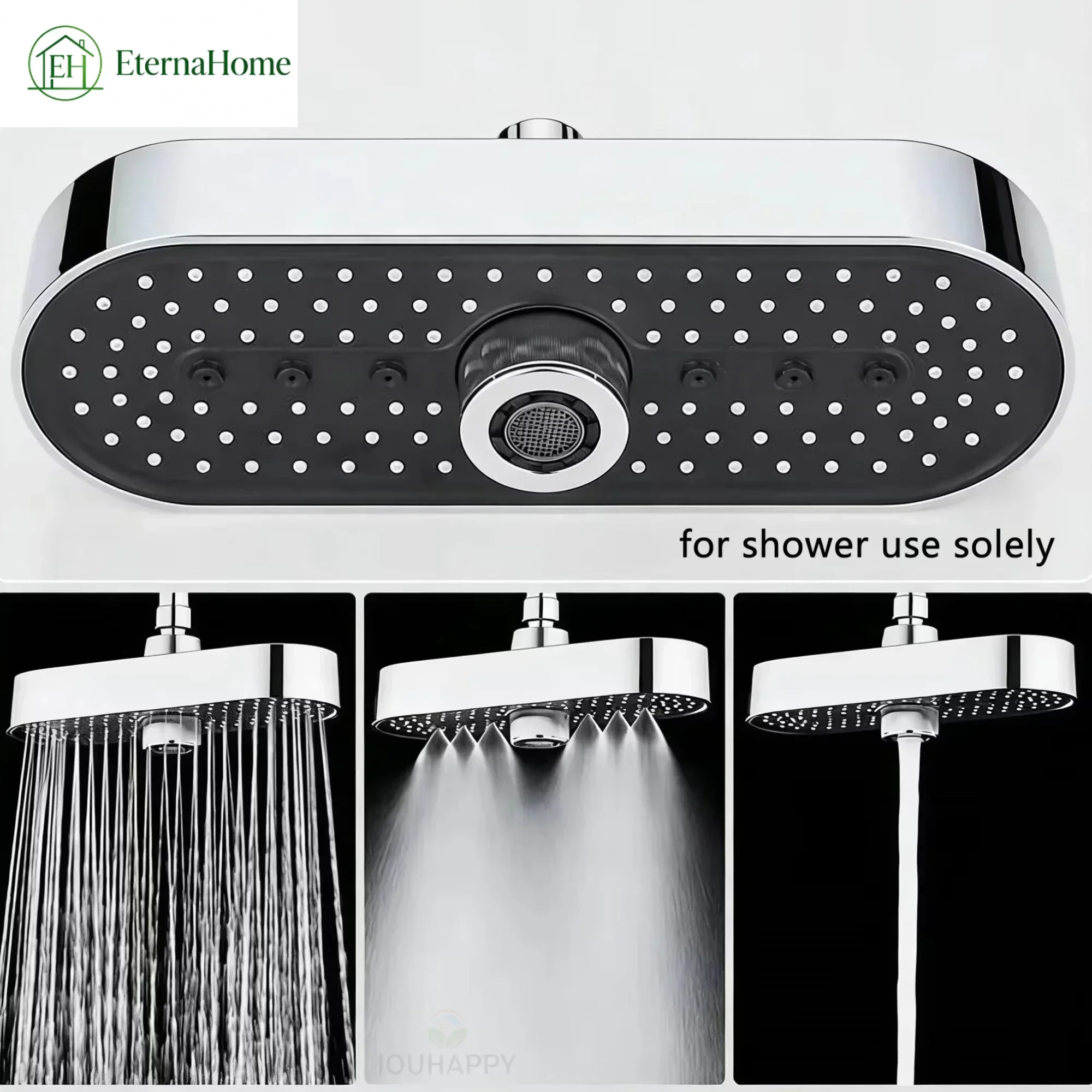 Overhead Shower Head, 3‑Function Rainfall Spray Massage Modes, Large Panel Easy‑Clean Nozzle for Home Hotel Bathroom Accessory