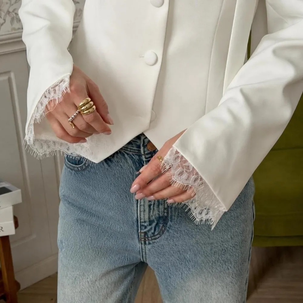 New V Neck Women Lace Blazer Waist Taper White Tone Suit Outerwear Fall Season Lace Weave Formal Coat Daily Outing