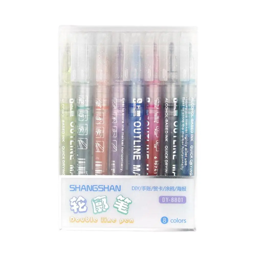 8 Colors Double Line Outline Art Pen Marker Pen For Students Quick Dry DIY Graffiti Highlighter Scrapbook Pen 1/8pcs