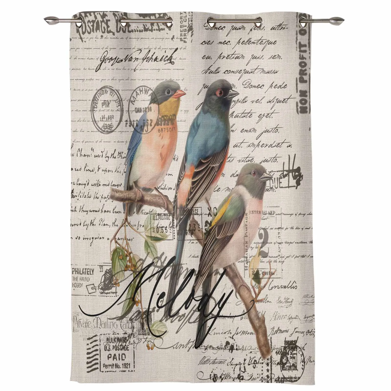 Retro Illustration Bird Envelope Postmark Outdoor Curtain For Garden Patio Drapes Bedroom Living Room Kitchen Window Curtain