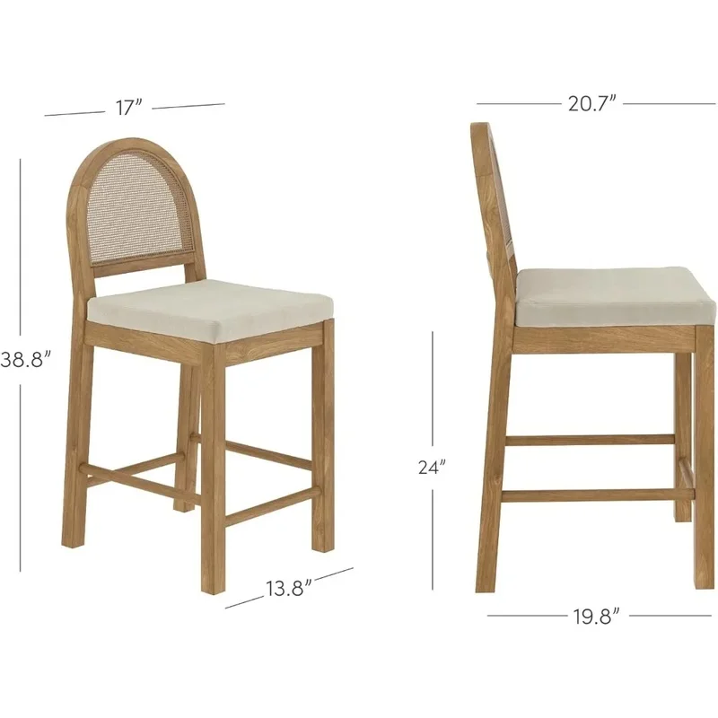 For Natural Woven Back Rattan Bar Stool Set, Counter Height Stool for Kitchen Island, Light Brown and Cream Boucle, Set of 4