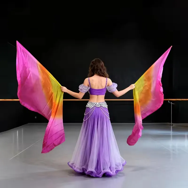 100% seda real 1 par de acessórios de dança do ventre lance seda semicírculo véu xale feminino tingido prática desempenho adereços bandeira da igreja