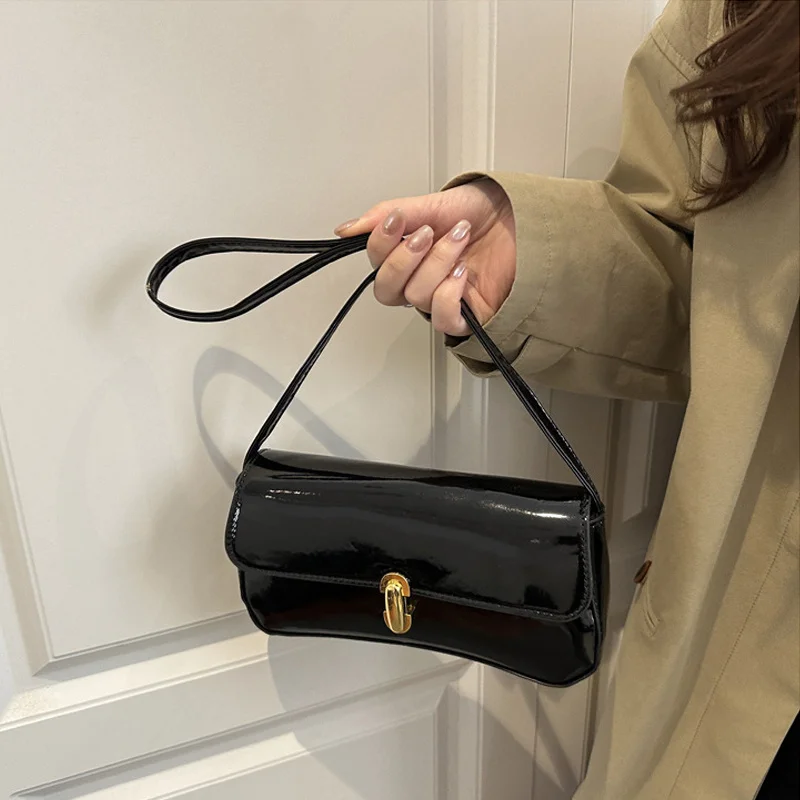 Stylish Wine Red Patent Leather Women Underarm Bag, Sleek Sling Purse with Gold Turn Lock Women's Daily Handbags Shoulder Bags