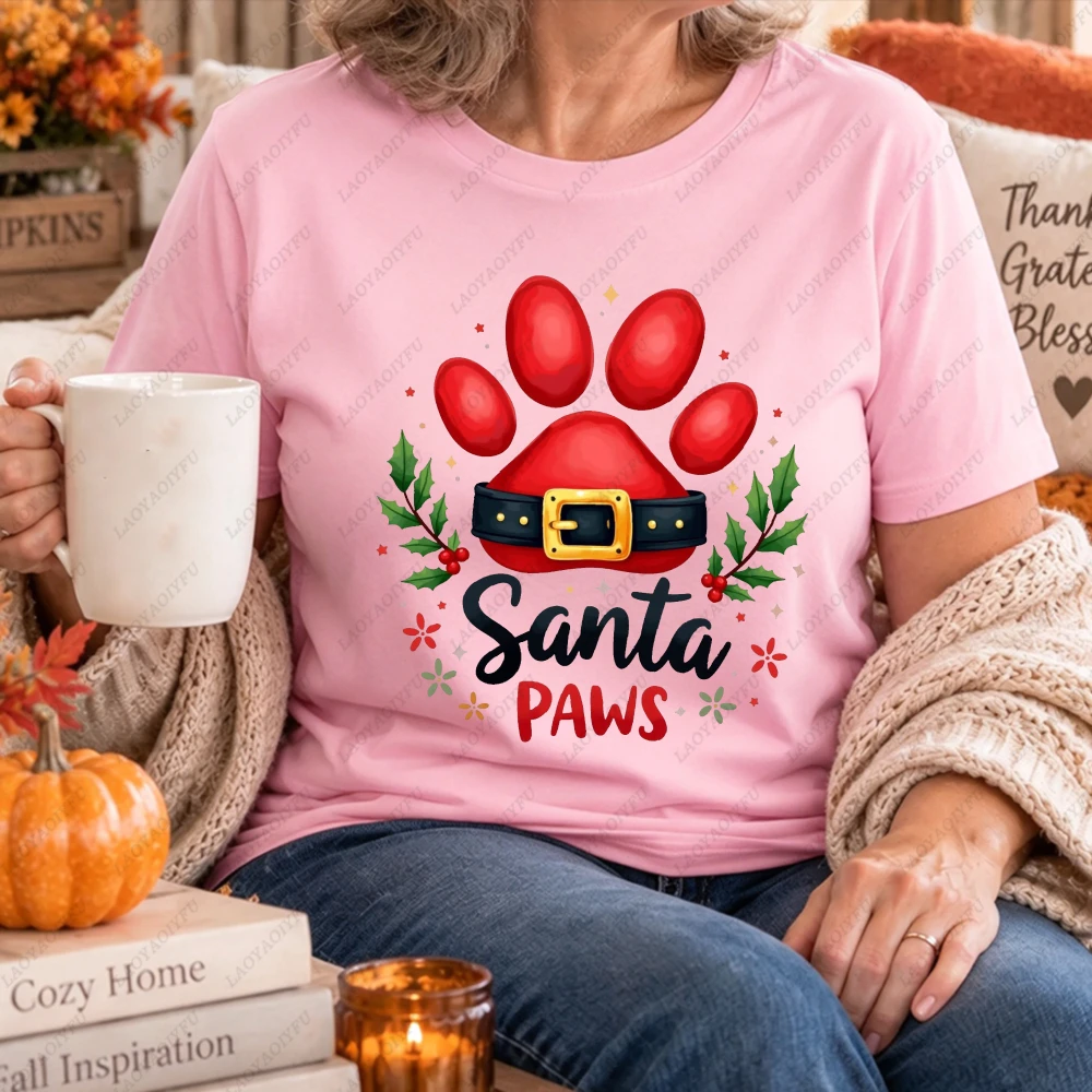Santa Paws Christmas Dog Paw Holly Berry Belt Print Women Pet Lover Xmas Holiday Short Sleeve Winter Cute Dog Mom Party Tee