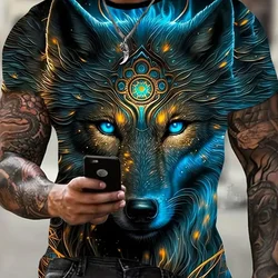 Animal Wolf Print T Shirt For Men Summer Polyester Round Neck Loose Short Sleeve Streetwear Oversized T-shirts Casual Tops Tees