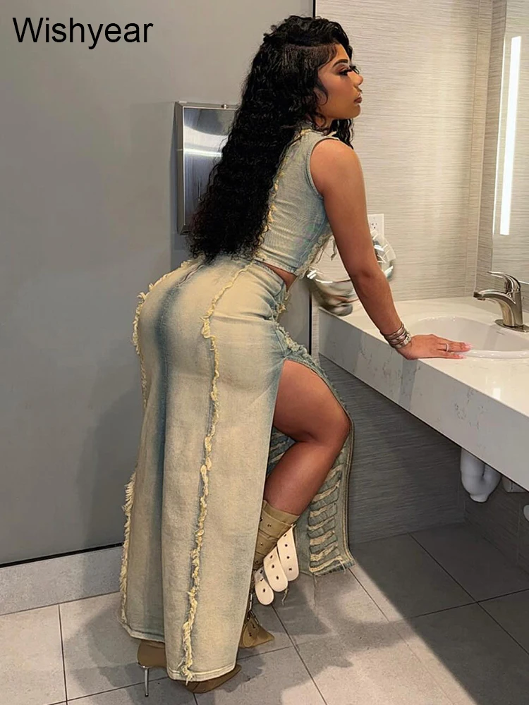 Elegant Ripped Hole Denim Two 2 Piece Dress Set Women Sleeveless Crop Tank Tops and Split Side Maxi Skirt Streetwear Outfits