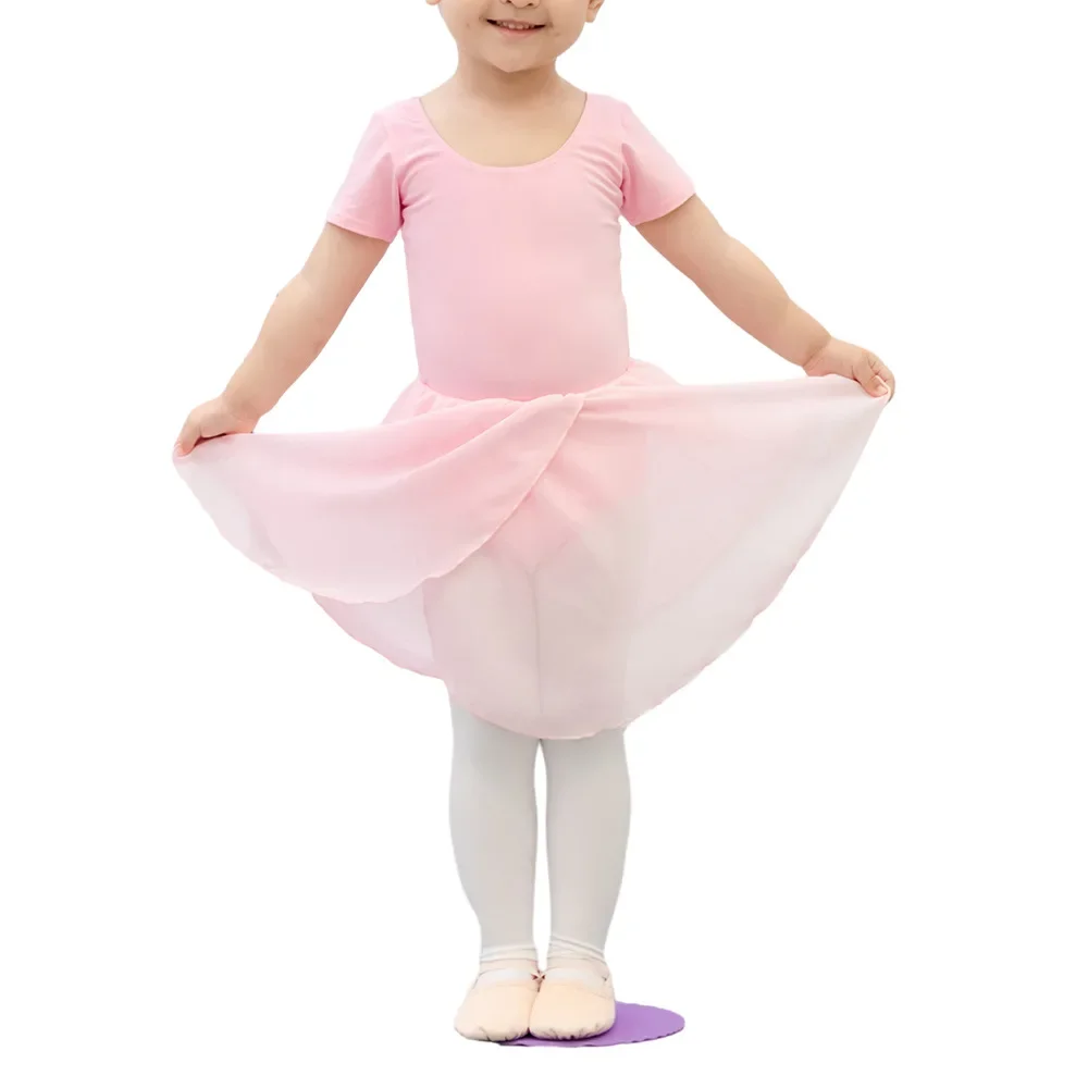 Fanceey Girls Children's Nylon Chiffon Ballet Training Clothes Short Sleeve Tights Chiffon Skirt Nylon Dance Training Clothes