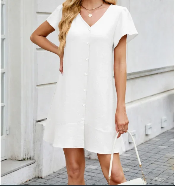 Letnia Sukienka Damska Modna Jednolita Kolor Dekolt V Pasek Guziki Kardigan Krótki Rękaw Sukienka Codzienna Uniwersalna Modna Sukienka Koszulowa