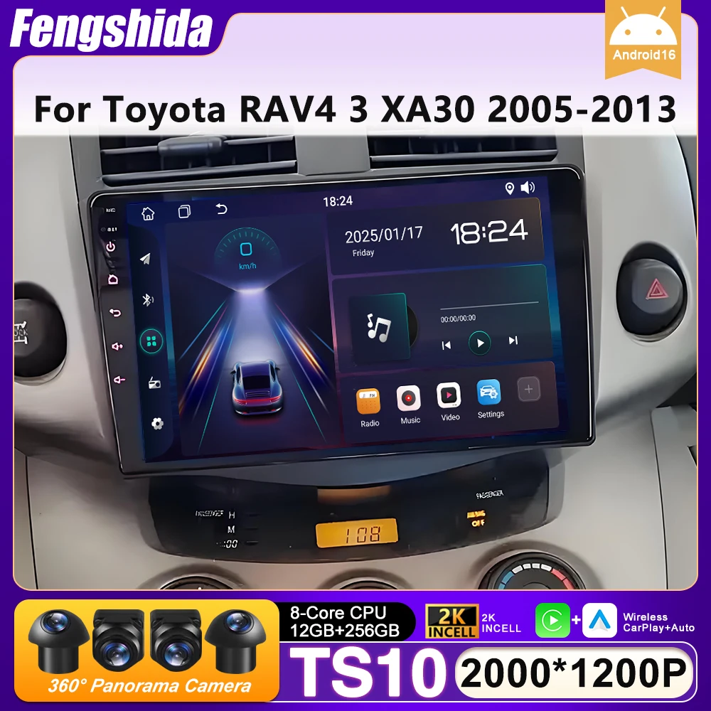 

Автомагнитола с CarPlay для Toyota RAV4 3 XA30 2005-2013, GPS, Android 16, Android Auto, мультимедийный плеер, дисплей, стерео, видео 2K, без 2DIN