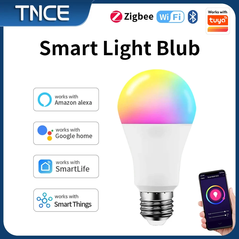 

TNCE Tuya Zigbee Wifi Bluetooth 2700-6500k RGB E27 Dimmable Light LED,Smart Life App Controllable, Voice with Alexa Google Home