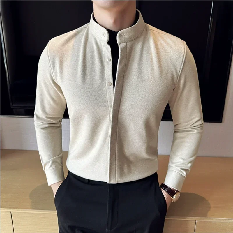 Autumn Winter Fake 2-Piece Stand-up Collar Warm Shirt High Quality Thickened Woolen Men Business Slim Fit Casual Shirt 4XL-M